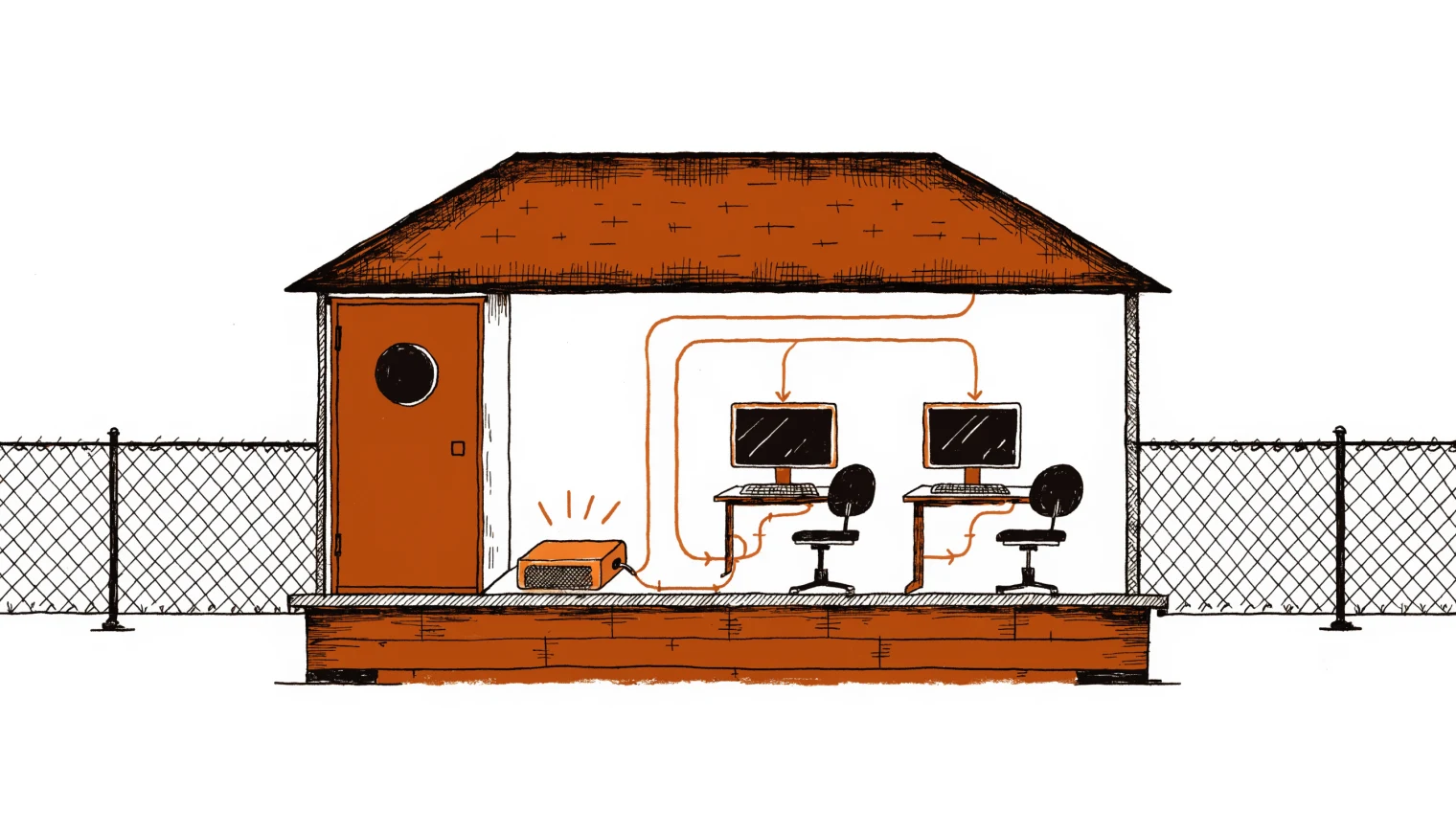 Cutaway illustration of a small office: a compact computer in the closet serves two desks, every data line staying inside the fenced property