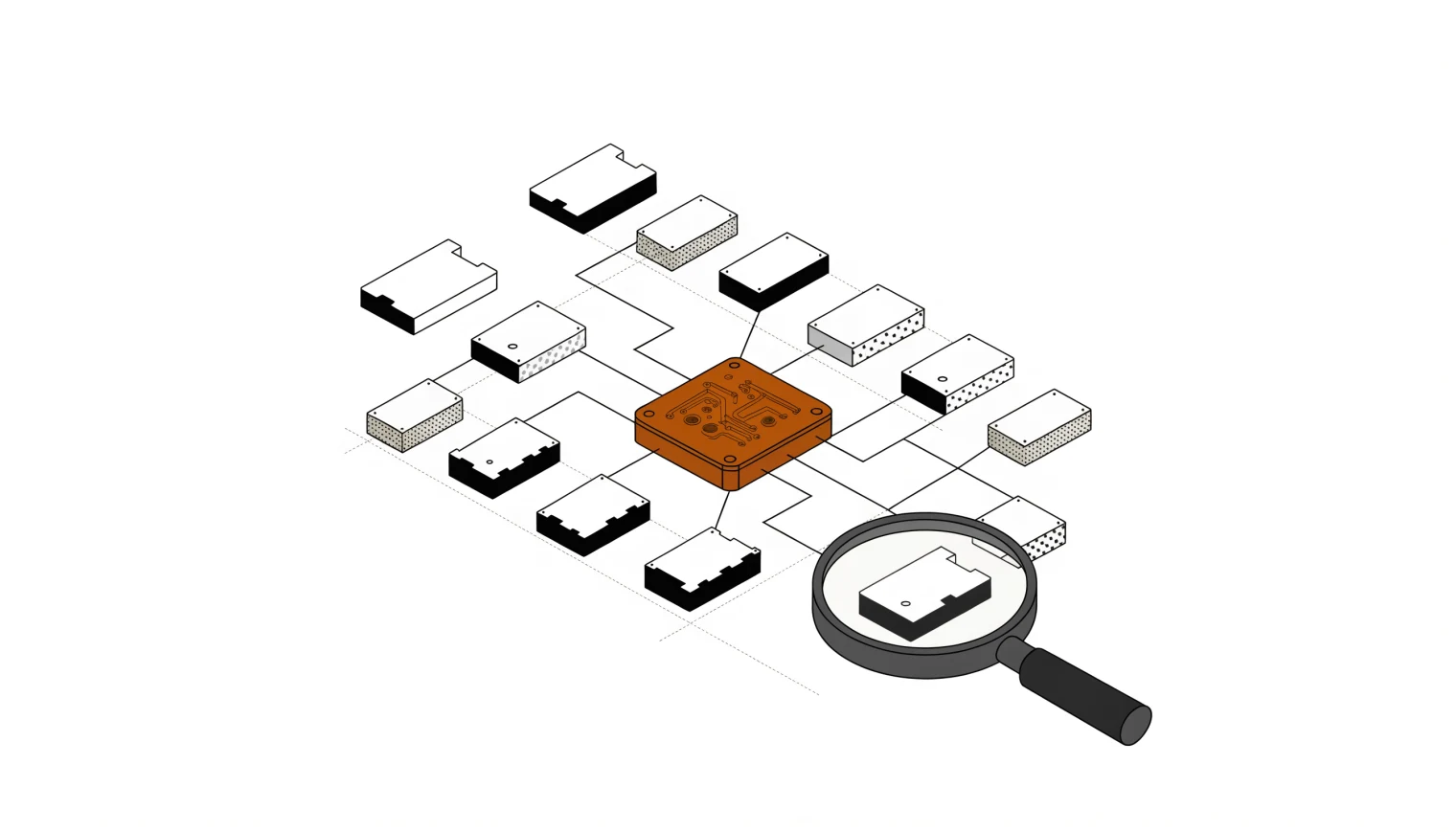Isometric diagram of fourteen script-step blocks wired to a central AI chip, one block under a magnifying glass