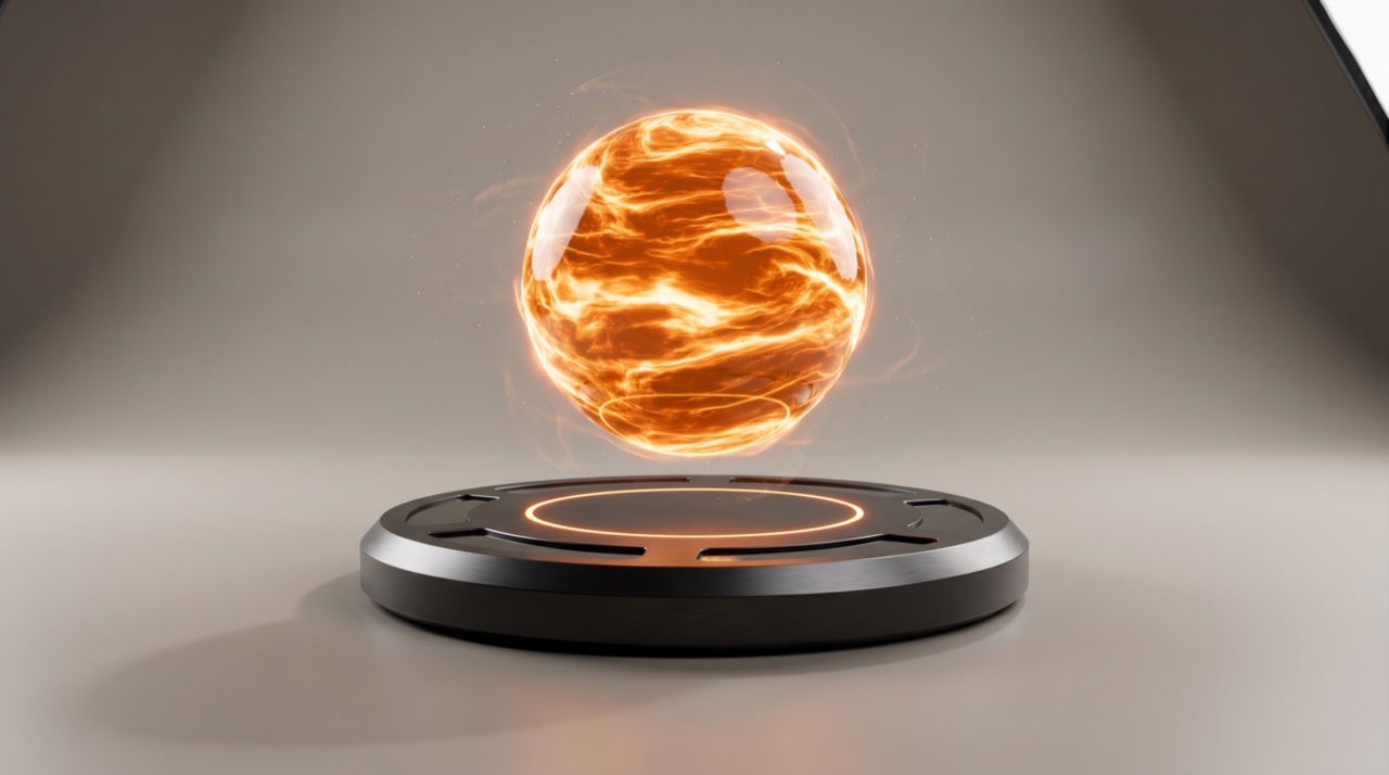 A molten orange energy sphere levitating above a machined charcoal dock
