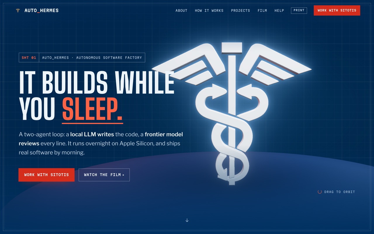 AUTO_HERMES site: a blueprint-style page reading IT BUILDS WHILE YOU SLEEP beside a drafted caduceus emblem