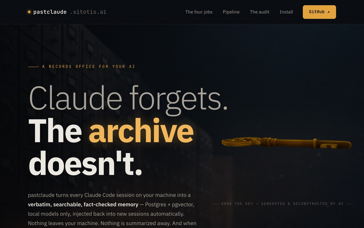 pastclaude site: the headline reads Claude forgets. The archive doesn't. beside a floating golden key