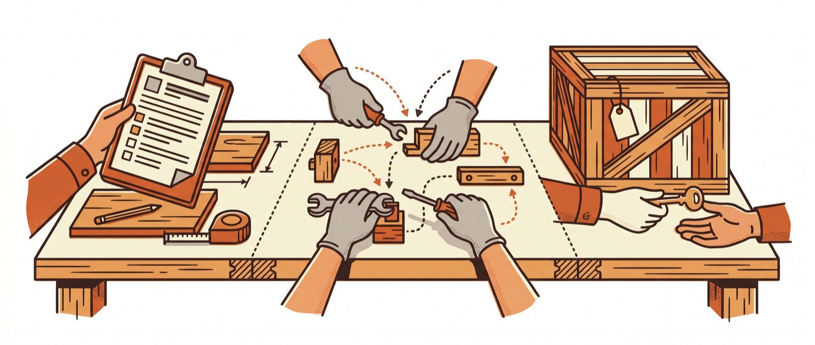 Illustration of the three stages on one workbench: an intake form reviewed, components assembled with tools, and a finished crate handed over with a key