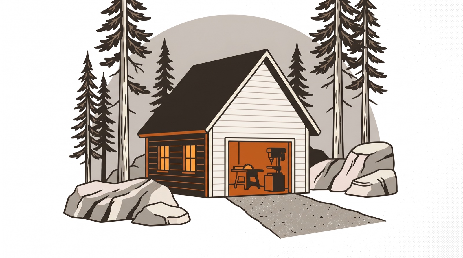 Illustration: a small timber workshop at dusk among white pines and granite, warm light in its windows