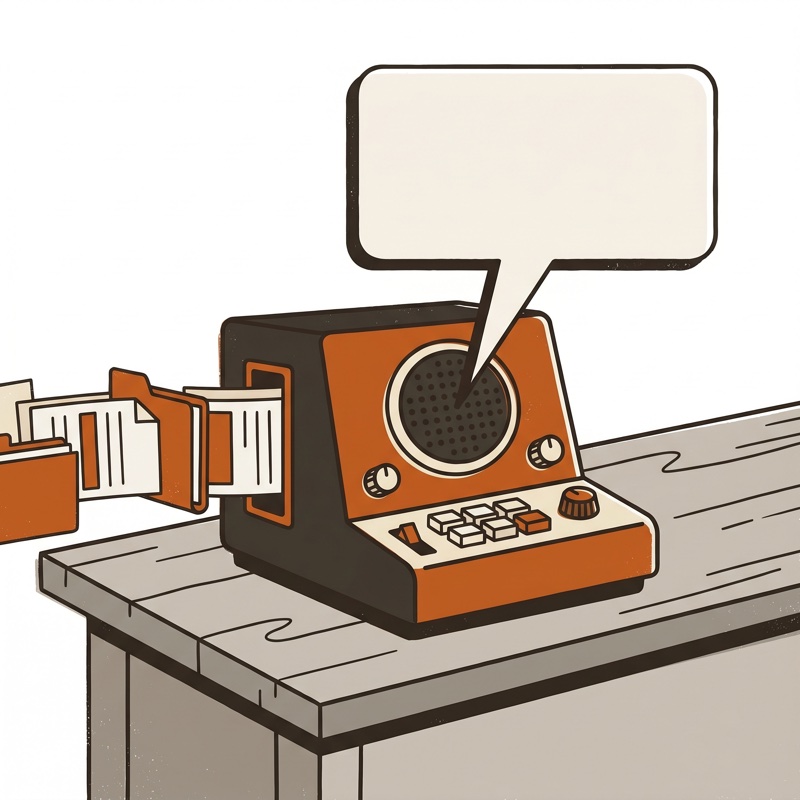 Illustration: documents flowing into a desktop intercom that answers with a speech bubble