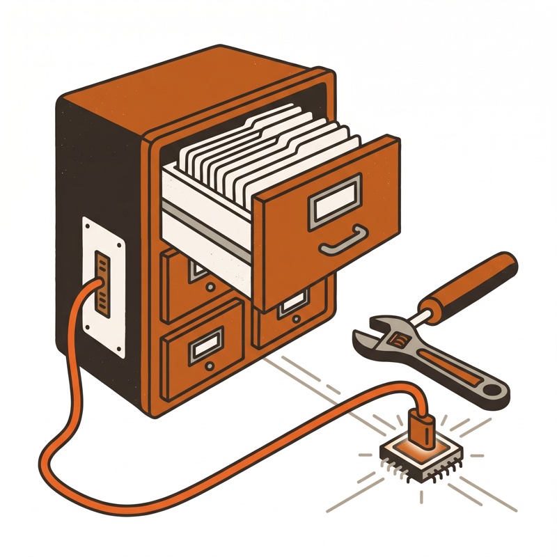 Illustration: a card-catalog database cabinet wired by an orange cable to a small chip module
