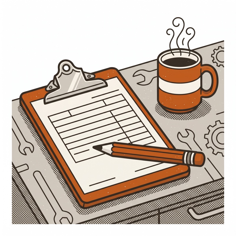 Illustration: a clipboard with a blank intake ticket, a pencil, and a coffee mug on a workshop counter