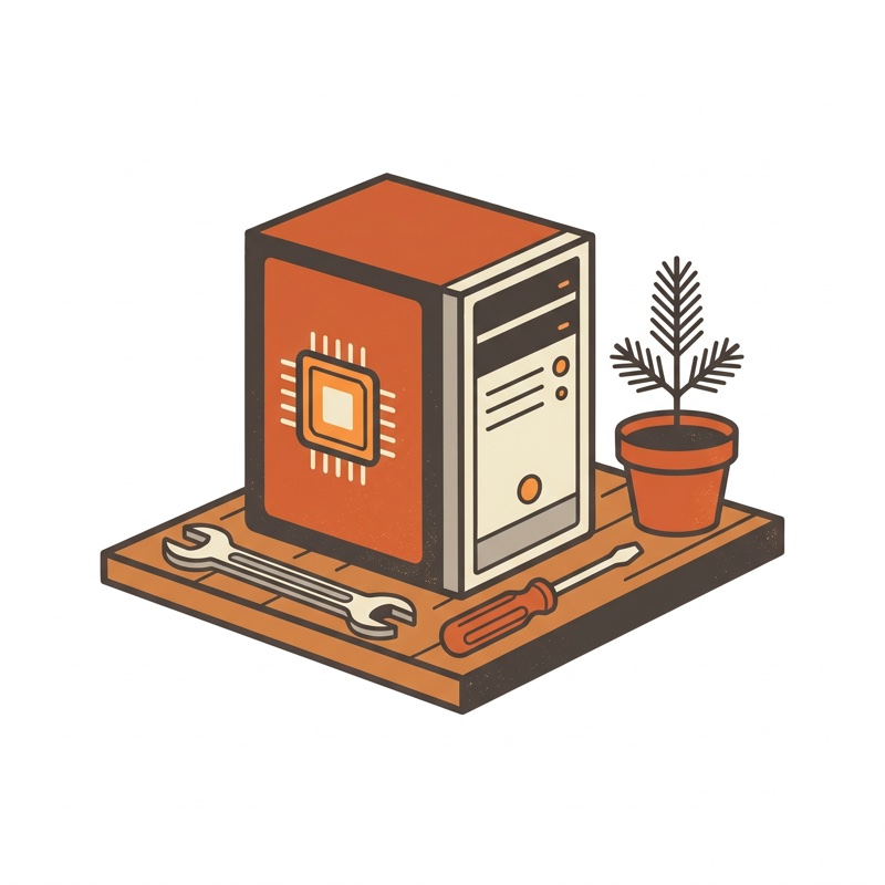 Illustration: a compact server tower on a wooden workshop shelf beside hand tools